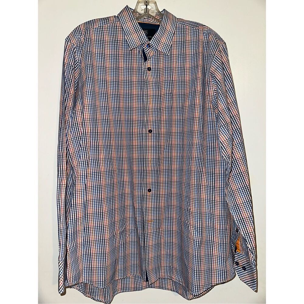 Cote Opera Paris Formal Shirt button down blue orange white gingham size 17 43 L